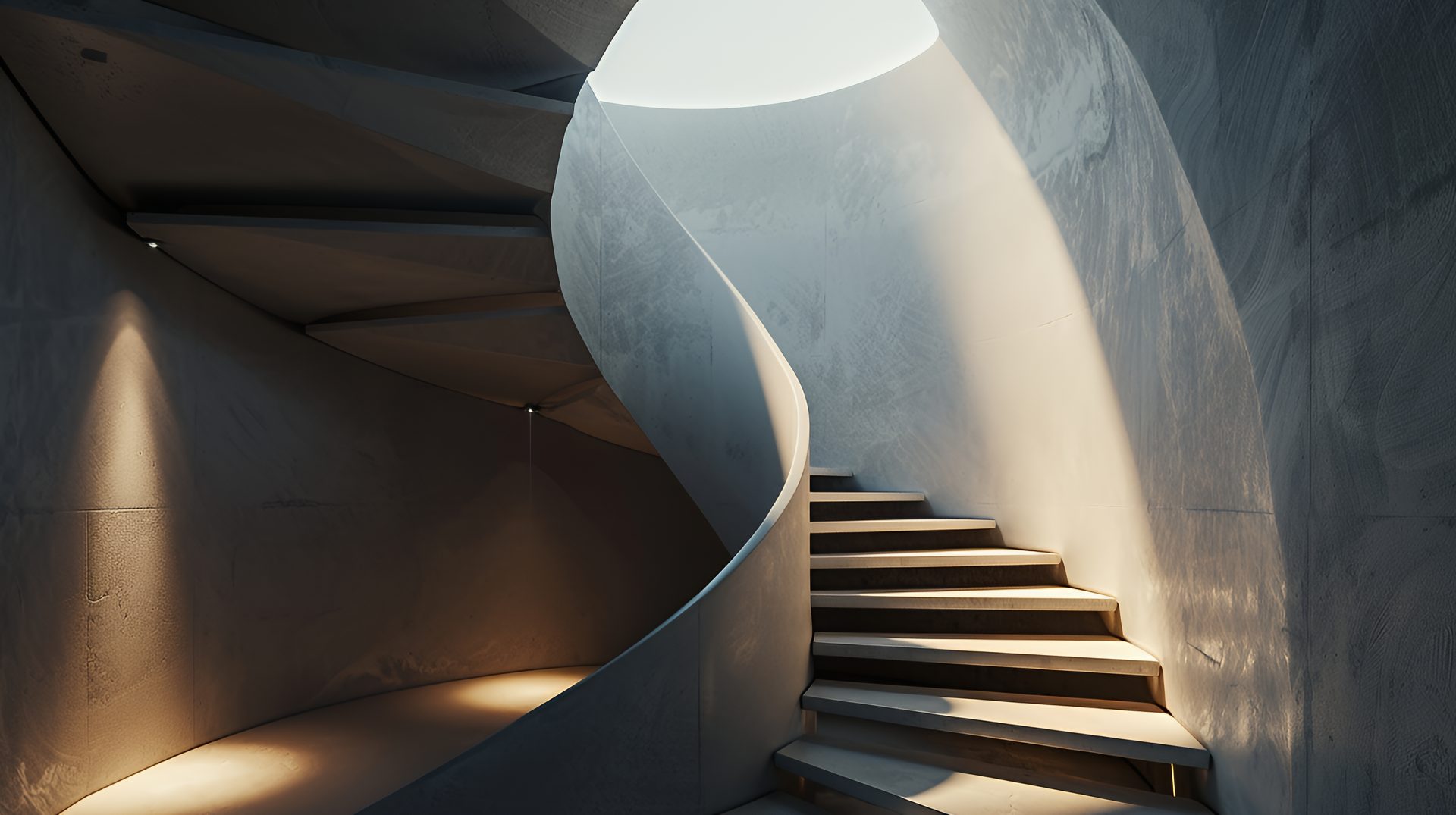 Escada em curva iluminada por luz quente numa parede de concreto