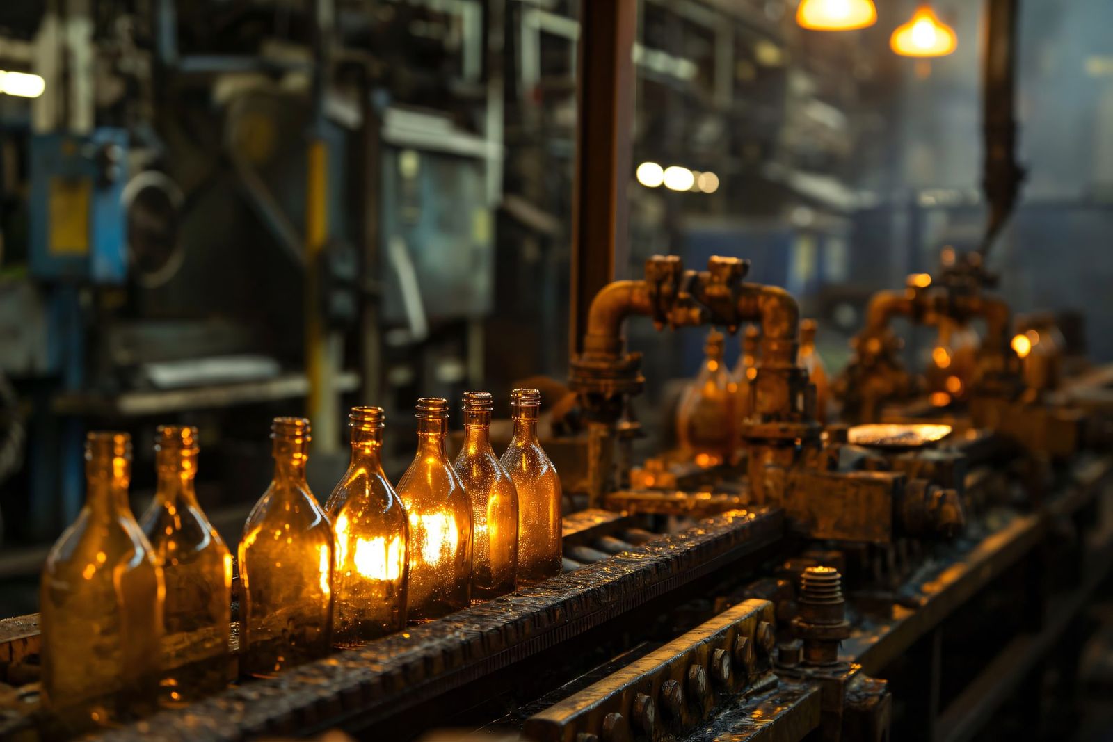 Garrafas âmbar passando por uma linha de produção iluminada