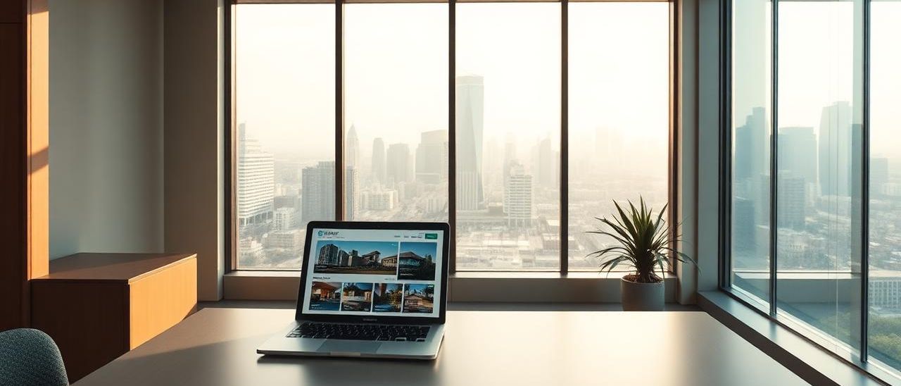 Notebook com anúncios de imóveis diante de uma janela com vista da cidade