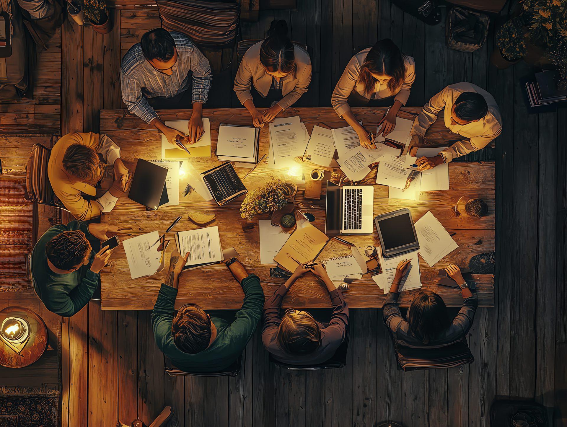 Vista de cima de uma mesa de trabalho com várias pessoas, papéis e luz quente