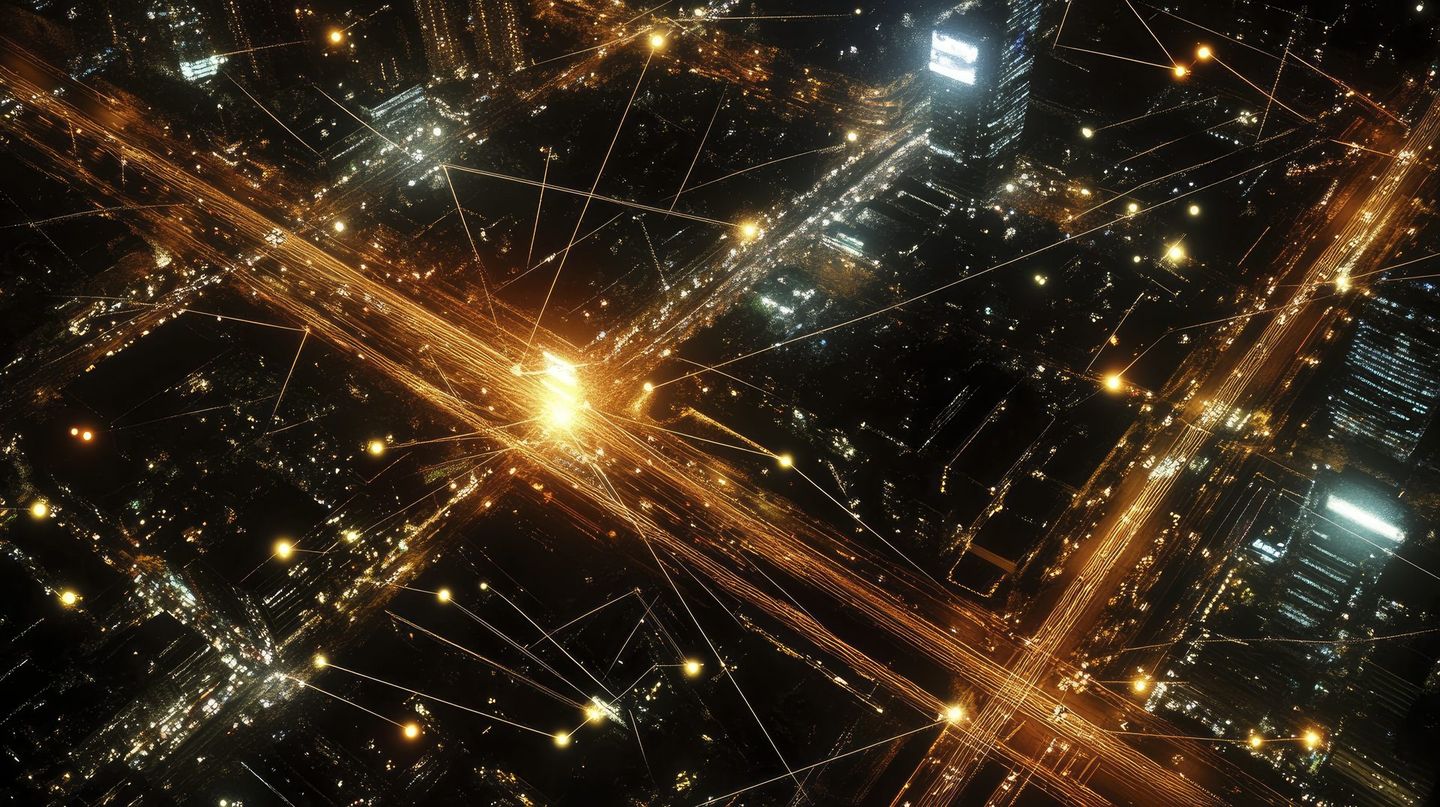 Cidade vista de cima à noite, com linhas de luz dourada ligando pontos entre as ruas