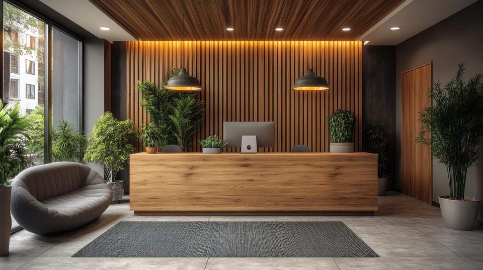 Recepção de clínica com balcão de madeira e plantas