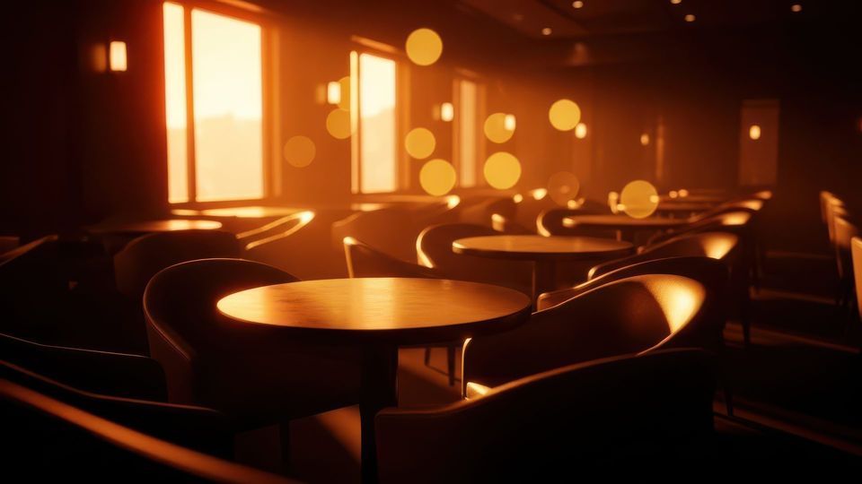 Salão de restaurante vazio, com mesas sob luz quente