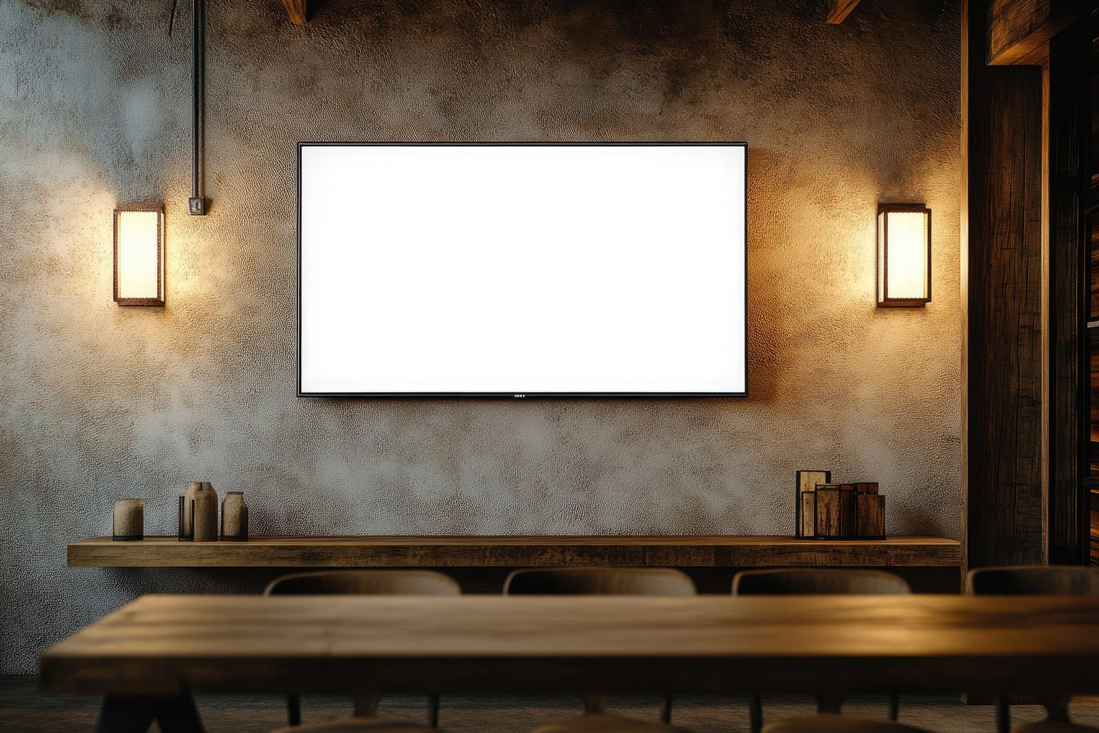 TV ligada na parede de um salão, com a tela em branco